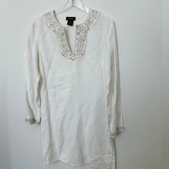 WilliSmith 100% Linen White Embroidered Tunic Top/Swimsuit coverup Size M - Picture 3 of 12